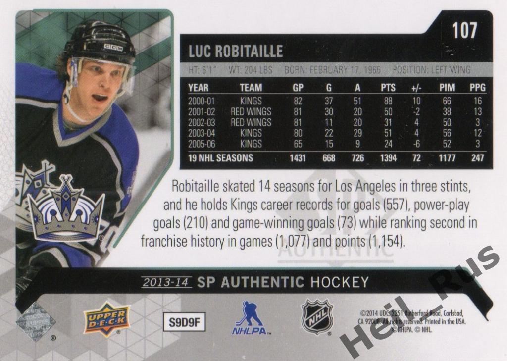 Хоккей. Карточка Luc Robitaille/Люк Робитайл (Los Angeles Kings/Кингз) НХЛ/NHL 1