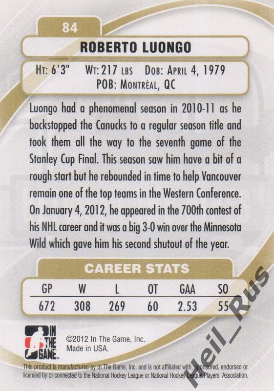 Хоккей Карточка Roberto Luongo/Роберто Луонго Vancouver Canucks/Ванкувер НХЛ/NHL 1