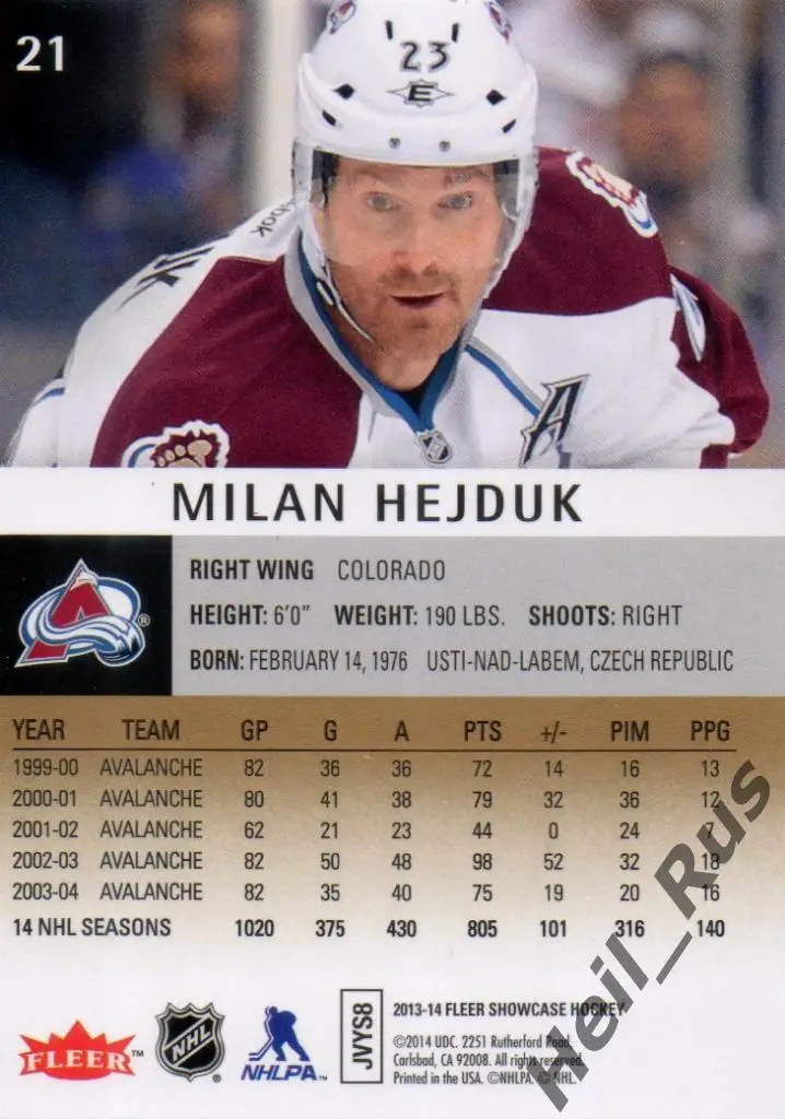 Хоккей. Карточка Milan Hejduk/Милан Гейдук (Colorado Avalanche/Колорадо) НХЛ/NHL 1