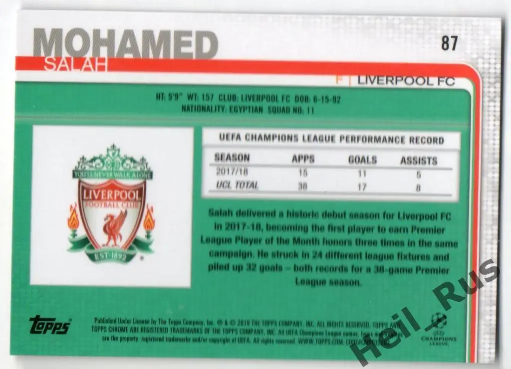 Футбол. Карточка Mohamed Salah/Мохамед Салах (Ливерпуль) Лига Чемпионов 2018-19 1