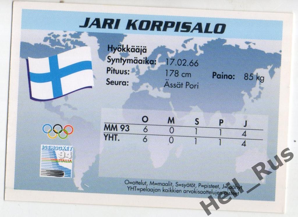 Хоккей. Карточка Jari Korpisalo / Яри Корписало (Финляндия, Эссят Пори) 1994 1