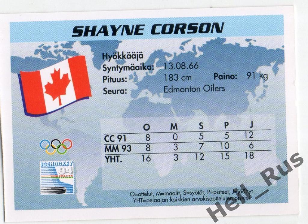 Хоккей Карточка Shayne Corson/Шейн Корсон (Канада, Edmonton Oilers) НХЛ/NHL 1994 1
