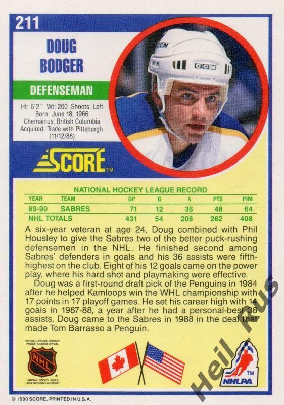 Хоккей. Карточка Doug Bodger/Дуг Боджер (Buffalo Sabres/Баффало Сейбрз) НХЛ/NHL 1