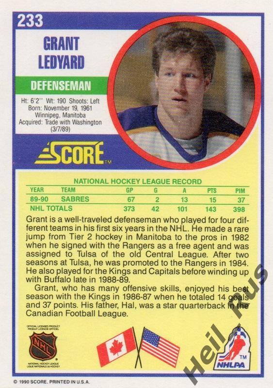 Хоккей. Карточка Grant Ledyard/Грант Ледьярд (Buffalo Sabres / Баффало) НХЛ/NHL 1