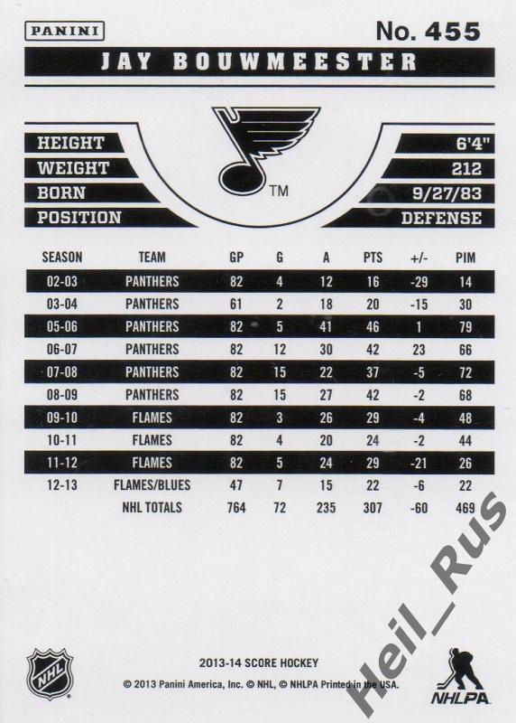 Хоккей Карточка Jay Bouwmeester/Джей Боумистер St. Louis Blues/Сент-Луис НХЛ/NHL 1