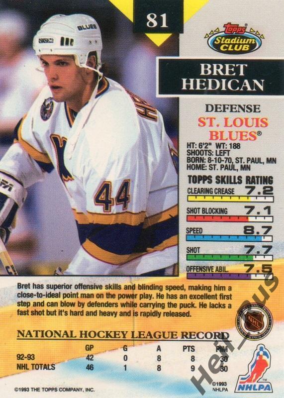 Хоккей Карточка Bret Hedican/Брет Хедикэн St. Louis Blues/Сент-Луис Блюз НХЛ/NHL 1