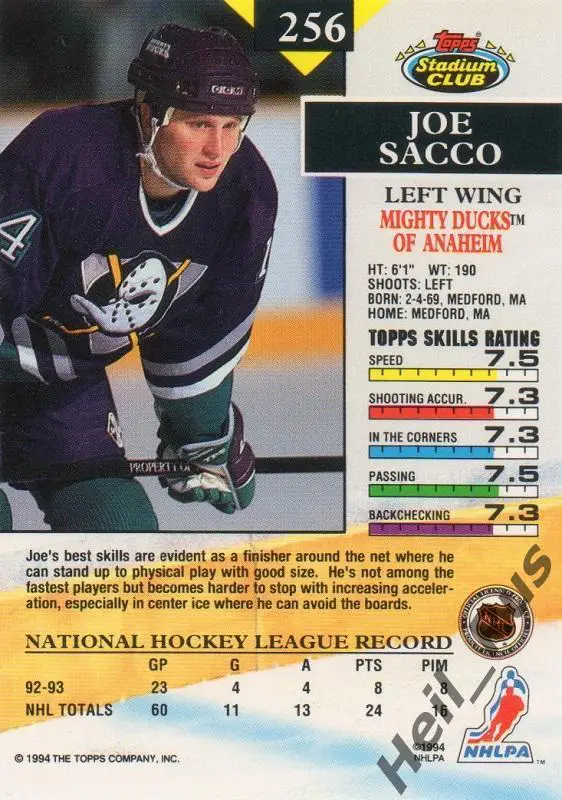 Хоккей Карточка Joe Sacco/Джозеф Сакко (Mighty Ducks of Anaheim/Анахайм) НХЛ/NHL 1