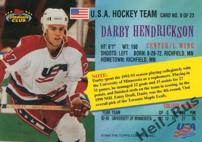 Хоккей. Карточка Darby Hendrickson/Дарби Хендриксон (USA/США, Рига 2000) НХЛ/NHL 1