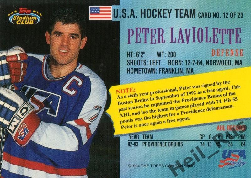 Хоккей. Карточка Peter Laviolette/Питер Лавиолетт (Team USA/США) НХЛ/NHL 1993-94 1