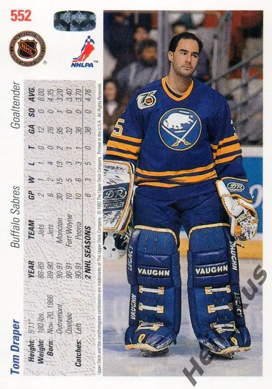 Хоккей Карточка Tom Draper/Томас Дрэйпер (Buffalo Sabres/Баффало Сейбрз) НХЛ/NHL 1