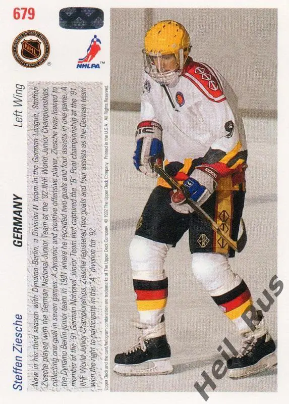 Хоккей. Карточка Steffen Ziesche / Штеффен Цише (Германия) 1991-92 Upper Deck 1