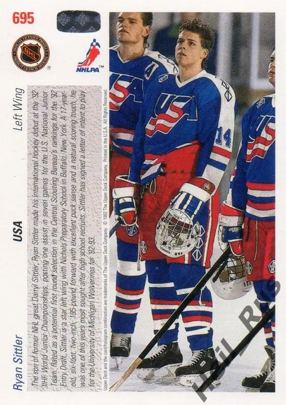 Хоккей. Карточка Ryan Sittler/Райан Ситтлер (USA/США) НХЛ/NHL 1991-92 Upper Deck 1