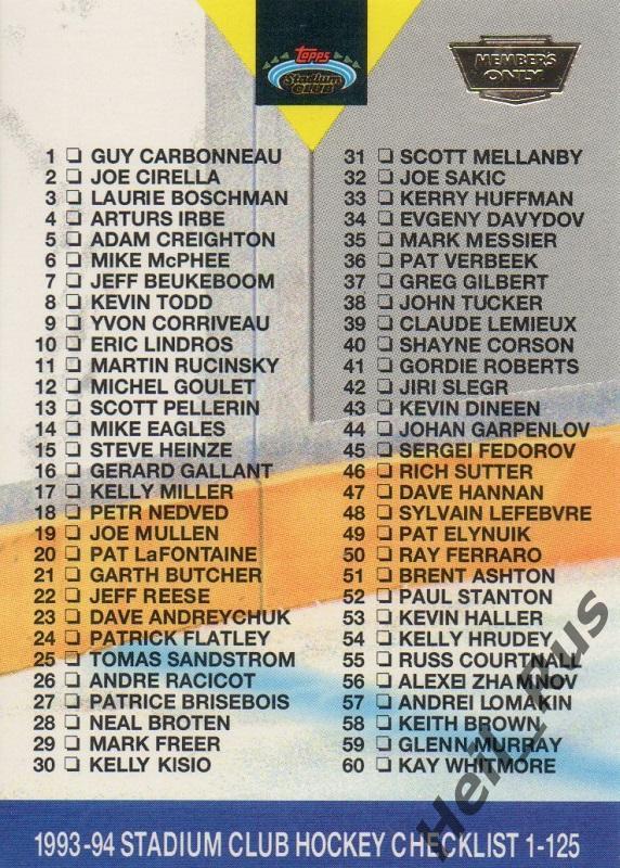 Хоккей. Карточка Checklist/Чеклист коллекции 1993-94 TOPPS Stadium Club НХЛ/NHL