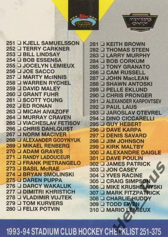 Хоккей; Карточка Checklist/Чеклист коллекции 1993-94 TOPPS Stadium Club НХЛ/NHL