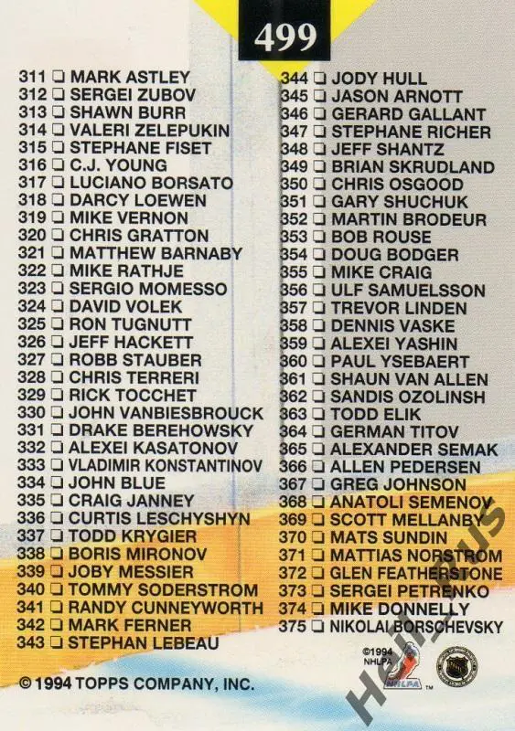 Хоккей; Карточка Checklist/Чеклист коллекции 1993-94 TOPPS Stadium Club НХЛ/NHL 1