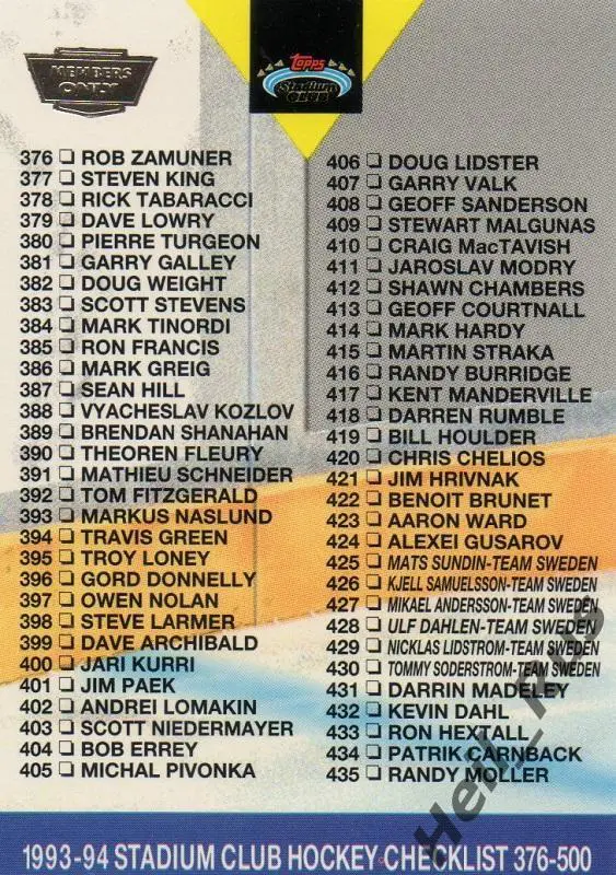 Хоккей; Карточка Checklist/Чеклист коллекции 1993-94 TOPPS Stadium Club НХЛ/NHL