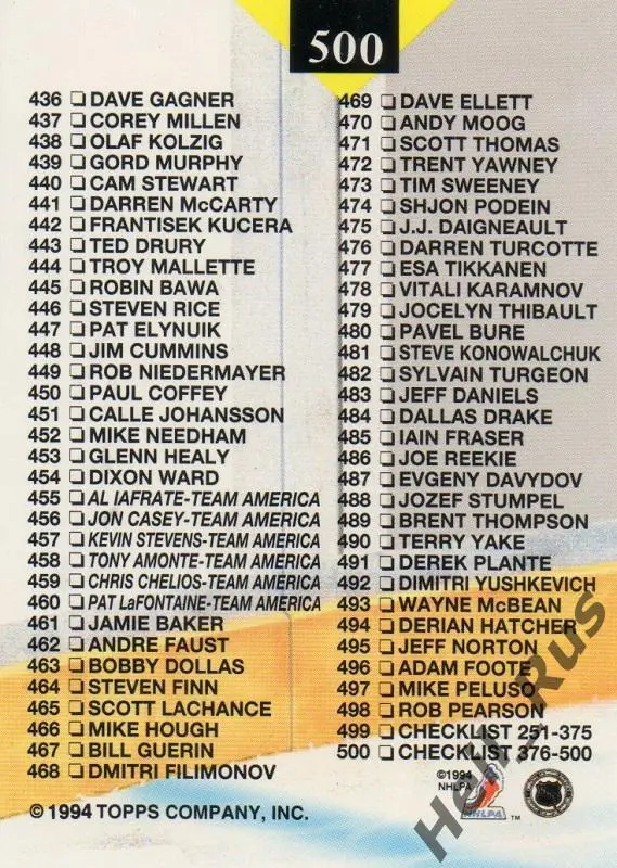 Хоккей; Карточка Checklist/Чеклист коллекции 1993-94 TOPPS Stadium Club НХЛ/NHL 1