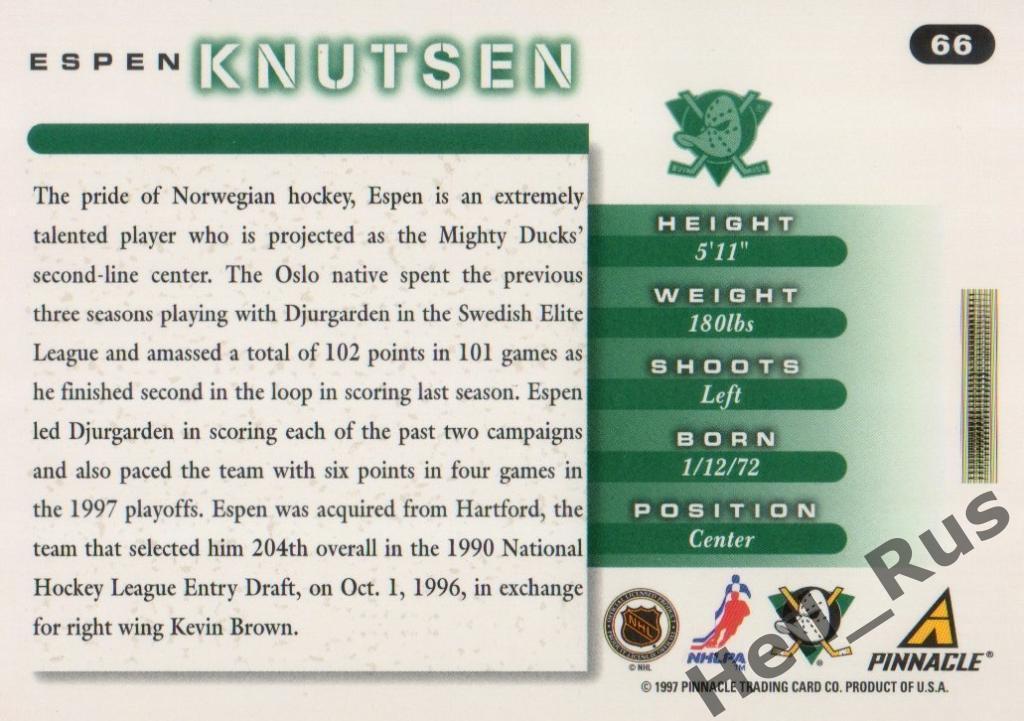 Хоккей. Карточка Espen Knutsen / Эспен Кнутсен (Mighty Ducks of Anaheim) НХЛ/NHL 1