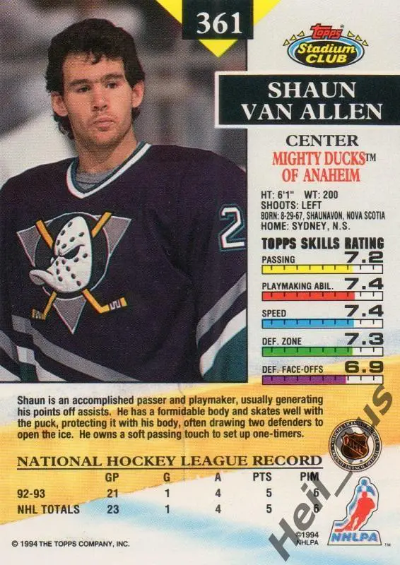 Хоккей. Карточка Shaun Van Allen/Шон Ван Аллен (Mighty Ducks of Anaheim) НХЛ/NHL 1