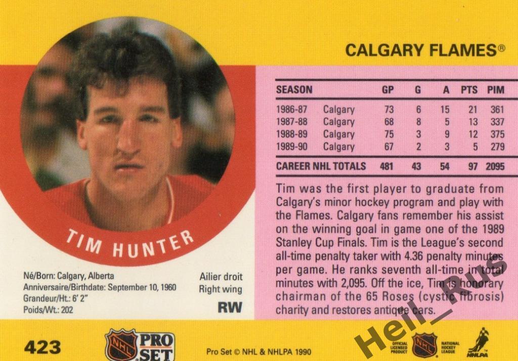 Хоккей. Карточка Tim Hunter / Тим Хантер (Calgary Flames/Калгари Флэймз) НХЛ/NHL 1