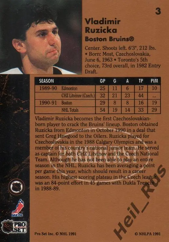 Хоккей. Карточка Vladimir Ruzicka/Владимир Ружичка Boston Bruins/Бостон НХЛ/NHL 1