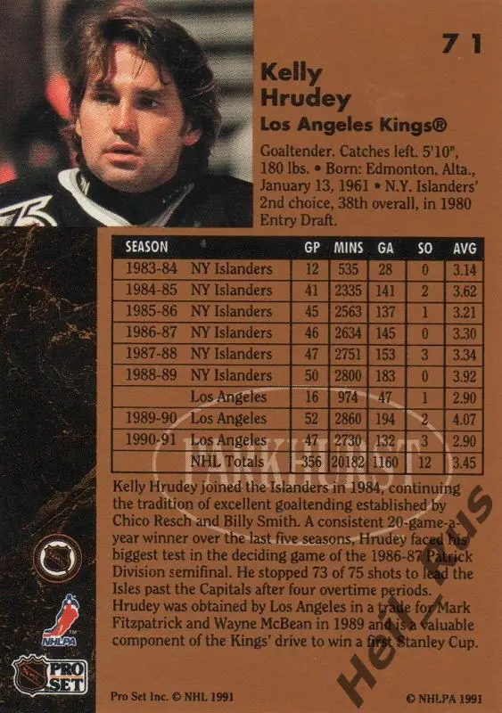 Хоккей. Карточка Kelly Hrudey / Келли Хруди (Los Angeles Kings/Кингз) НХЛ/NHL 1