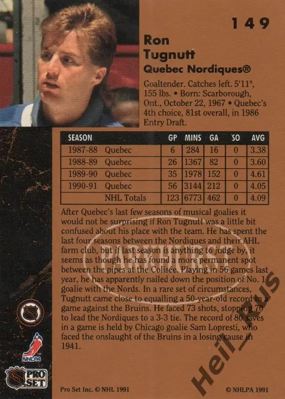 Хоккей. Карточка Ron Tugnutt/Рон Тагнатт Quebec Nordiques/Квебек Нордикс НХЛ/NHL 1