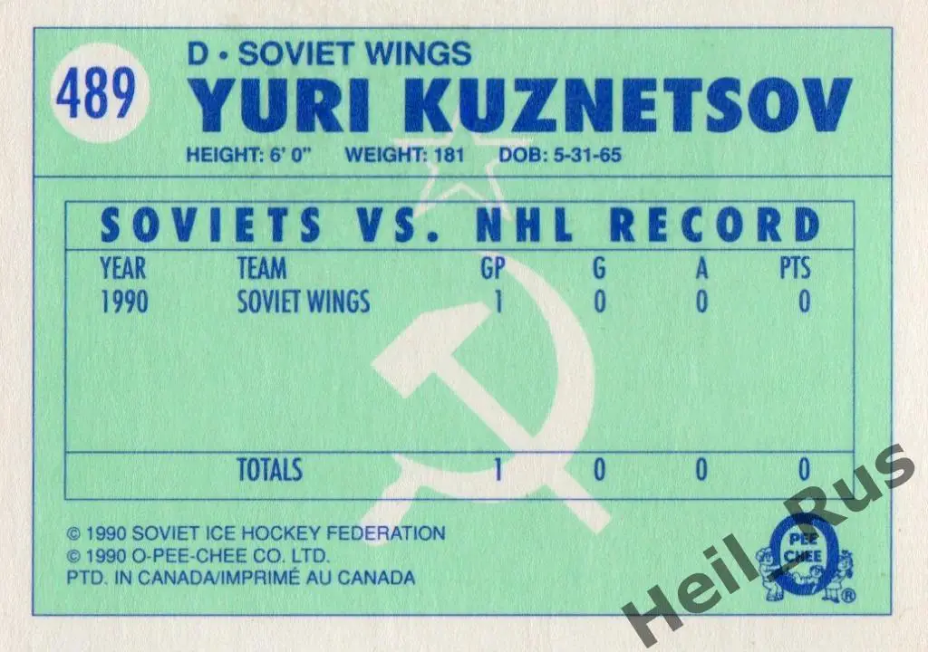 Хоккей. Карточка Юрий Кузнецов Крылья Советов Москва, Локомотив Ярославль, Буран 1