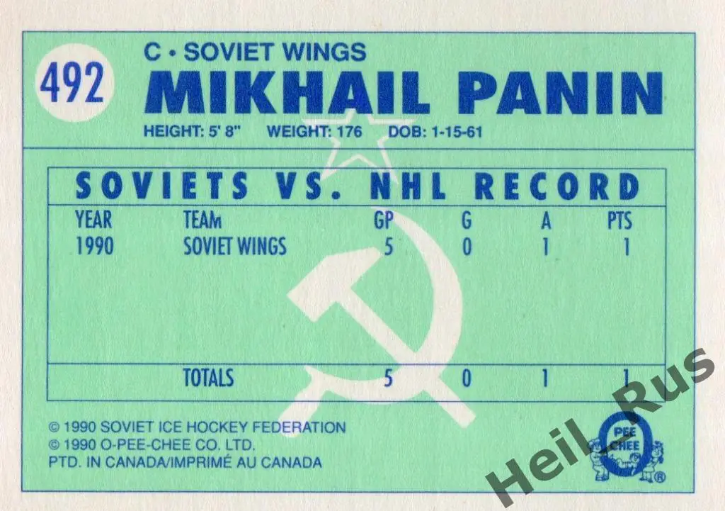 Хоккей. Карточка Михаил Панин Крылья Советов Москва, ЦСКА, СКА Ленинград НХЛ/NHL 1