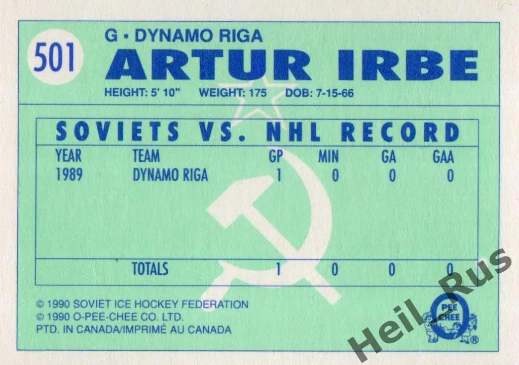 Хоккей Карточка Arturs Irbe/Артурс Ирбе (Динамо Рига) НХЛ/NHL O-Pee-Chee 1990-91 1