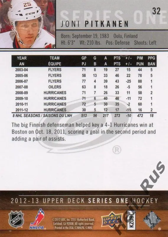 Хоккей Карточка Joni Pitkanen/Йони Питкянен Carolina Hurricanes/Каролина НХЛ/NHL 1