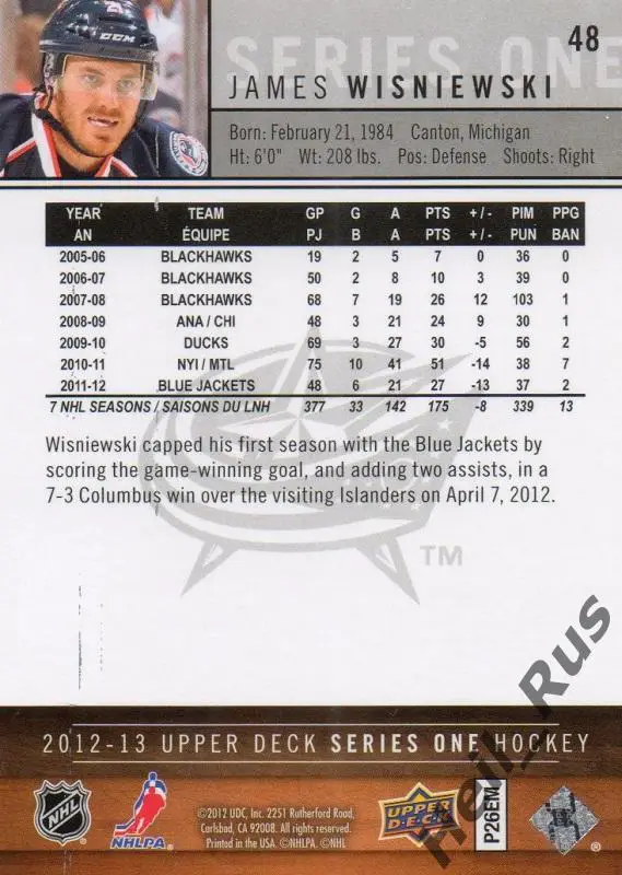 Хоккей. Карточка Джеймс Висневский (Columbus Blue Jackets, Адмирал) НХЛ/NHL, КХЛ 1