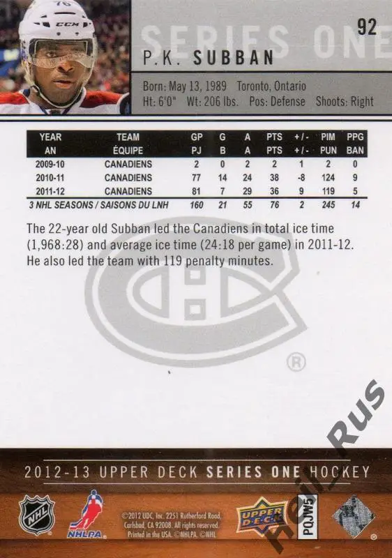 Хоккей Карточка P. K. Subban/Пи-Кей Суббан Montreal Canadiens / Монреаль NHL/НХЛ 1