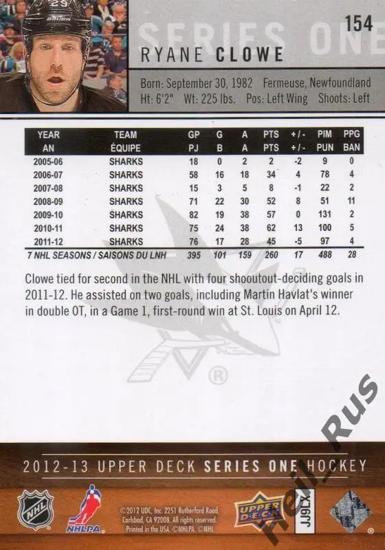 Хоккей. Карточка Ryane Clowe/Райан Клоу San Jose Sharks / Сан-Хосе Шаркс НХЛ/NHL 1