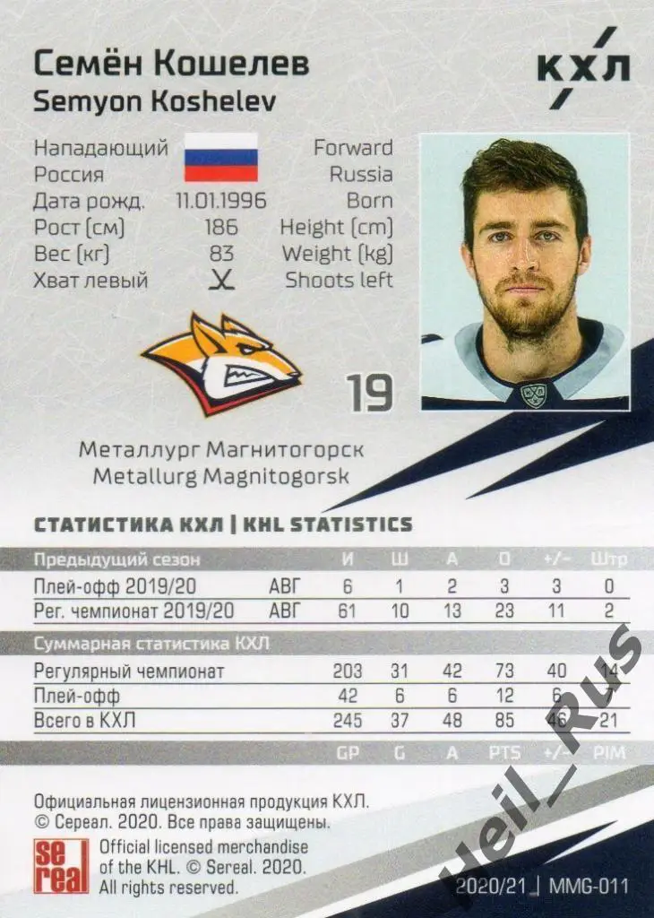 Хоккей. Карточка Семен Кошелев (Металлург Магнитогорск) КХЛ сезон 2020/21 SeReal 1