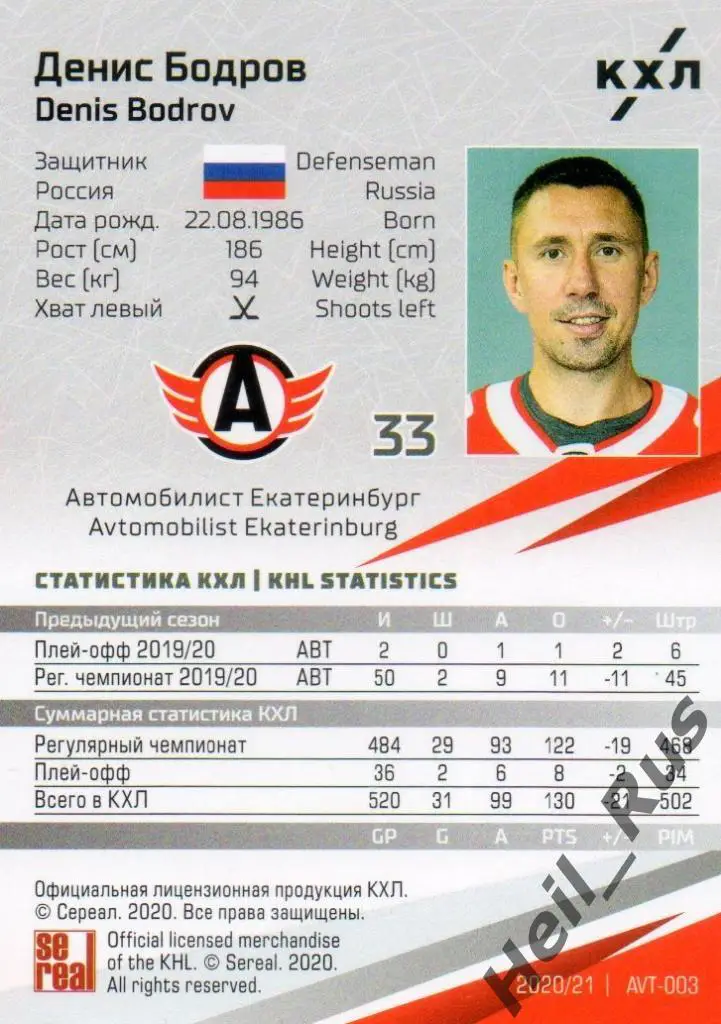 Хоккей. Карточка Денис Бодров Автомобилист Екатеринбург КХЛ сезон 2020/21 SeReal 1