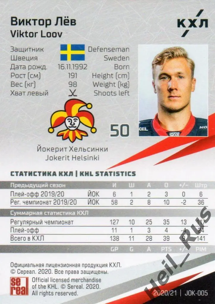 Хоккей. Карточка Виктор Лев (Йокерит Хельсинки) КХЛ/KHL сезон 2020/21 SeReal 1
