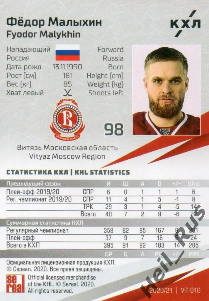 Хоккей Карточка Федор Малыхин Витязь Московская область КХЛ сезон 2020/21 SeReal 1