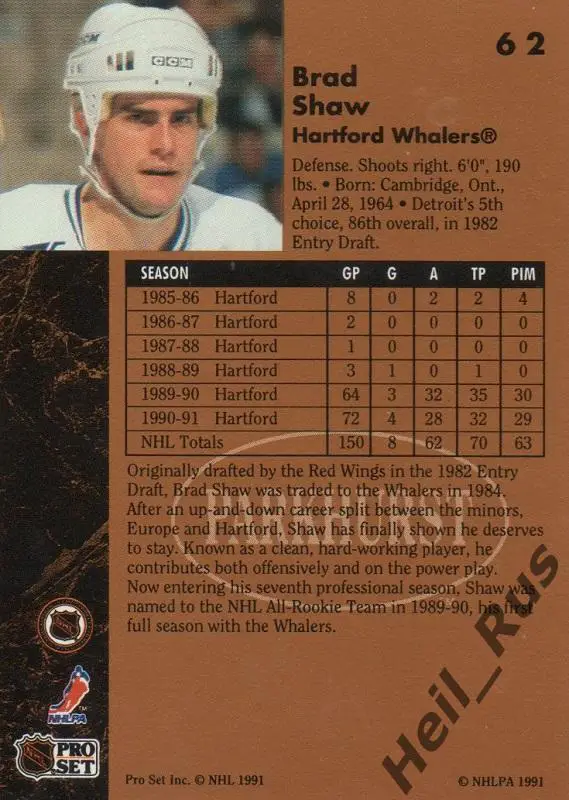 Хоккей. Карточка Brad Shaw/Брэд Шоу (Hartford Whalers/Хартфорд Уэйлерс) НХЛ/NHL 1