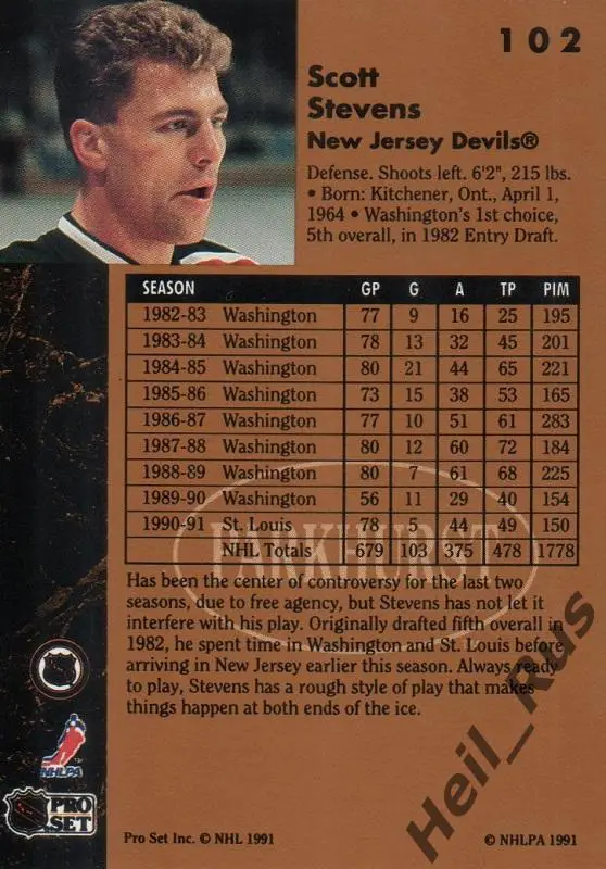 Хоккей Карточка Scott Stevens/Скотт Стивенс (New Jersey Devils / Девилз) НХЛ/NHL 1