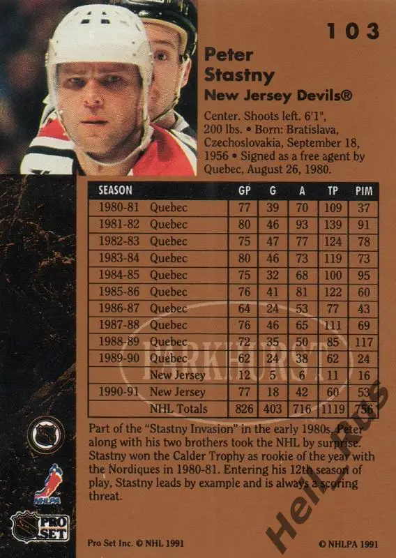 Хоккей Карточка Peter Stastny/Петер Штястны (New Jersey Devils / Девилз) НХЛ/NHL 1