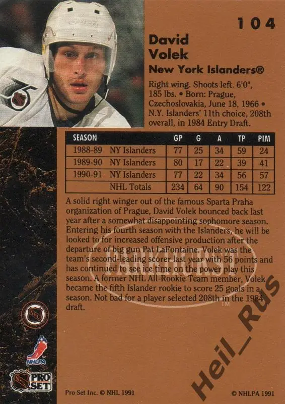 Хоккей. Карточка David Volek/Давид Волек (New York Islanders / Нью-Йорк) НХЛ/NHL 1