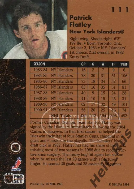 Хоккей. Карточка Patrick Flatley/Пэт Флэтли New York Islanders/Айлендерс НХЛ/NHL 1