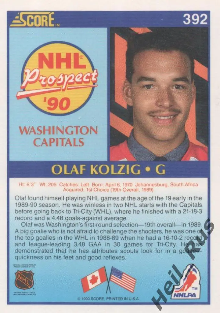 Хоккей. Карточка Olaf Kolzig/Олаф Колциг (Washington Capitals/Вашингтон) НХЛ/NHL 1