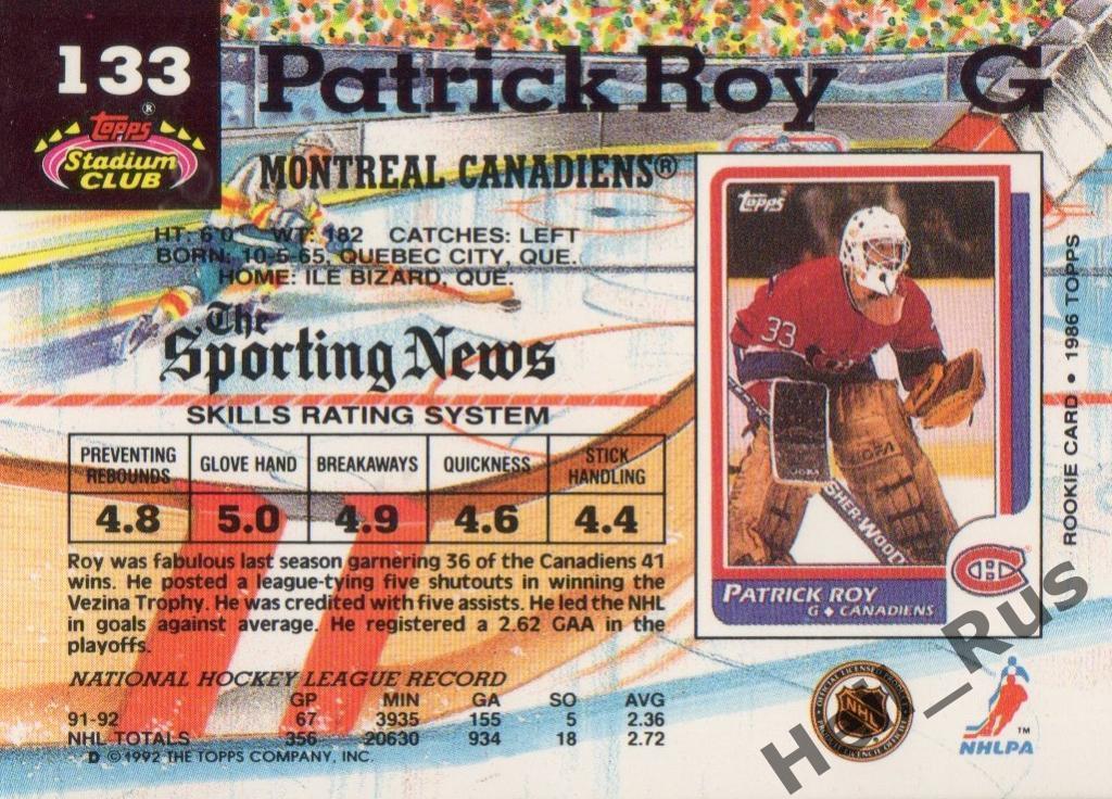 Хоккей Карточка Patrick Roy / Патрик Руа (Montreal Canadiens / Монреаль) НХЛ/NHL 1