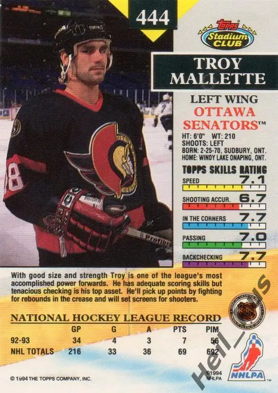 Хоккей. Карточка Troy Mallette / Трой Маллетт (Ottawa Senators / Оттава) НХЛ/NHL 1