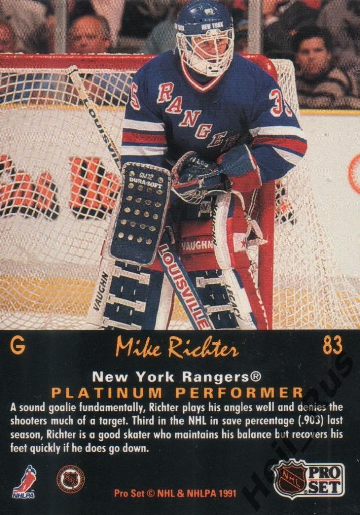 Хоккей. Карточка Mike Richter/Майк Рихтер (New York Rangers / Нью-Йорк), НХЛ/NHL 1