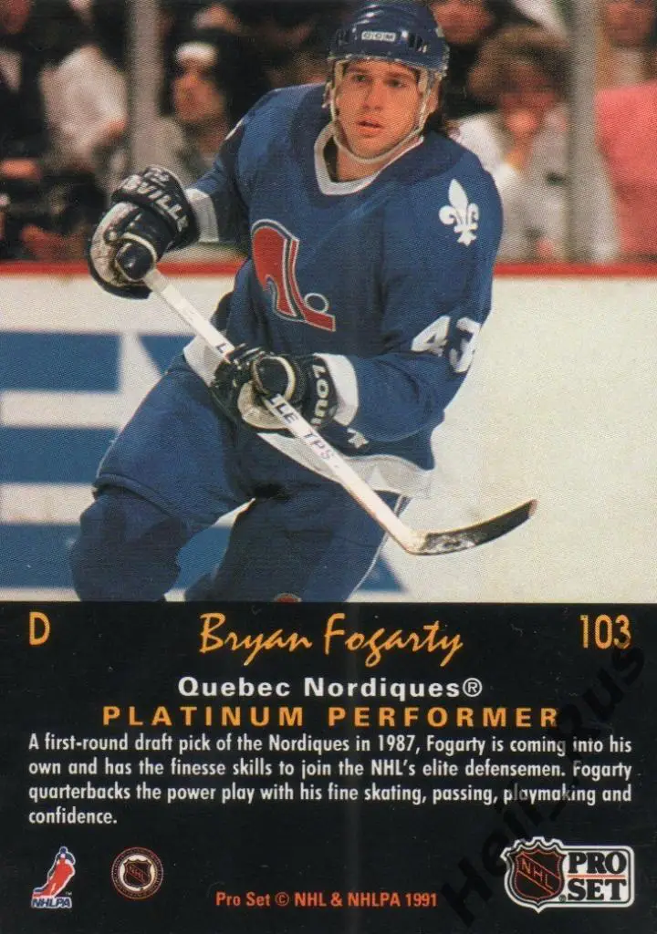 Хоккей. Карточка Bryan Fogarty/Брайан Фогерти (Quebec Nordiques/Квебек) НХЛ/NHL 1
