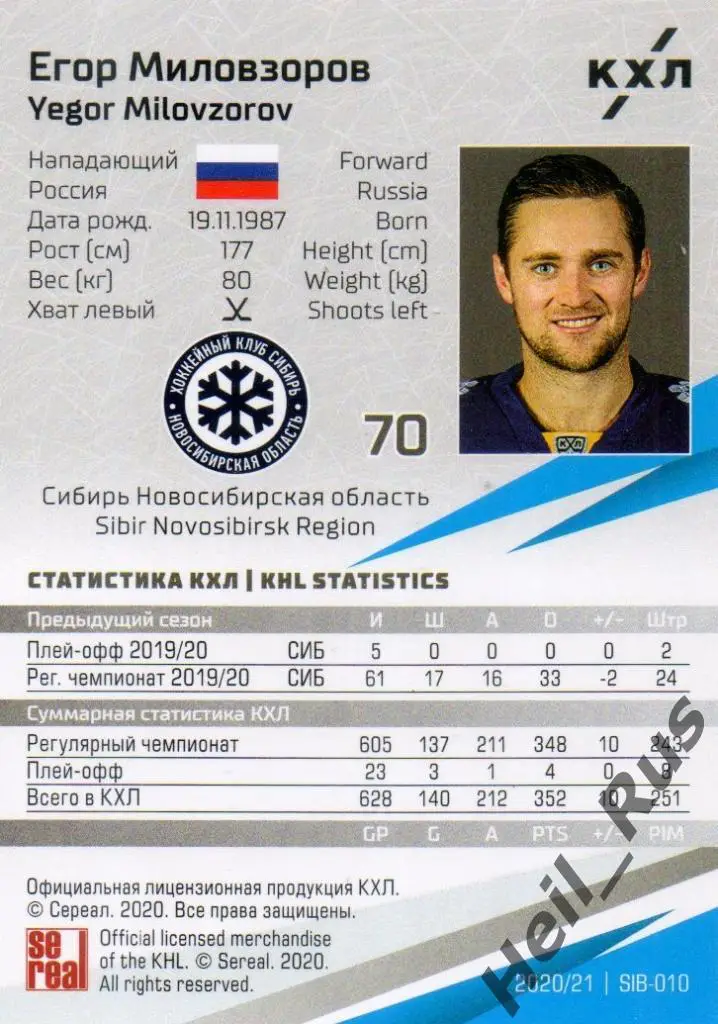 Хоккей Карточка Егор Миловзоров (Сибирь Новосибирская область) КХЛ сезон 2020/21 1