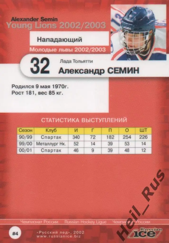 Хоккей. Карточка Александр Семин (Лада Тольятти, Металлург Магнитогорск, Витязь) 1